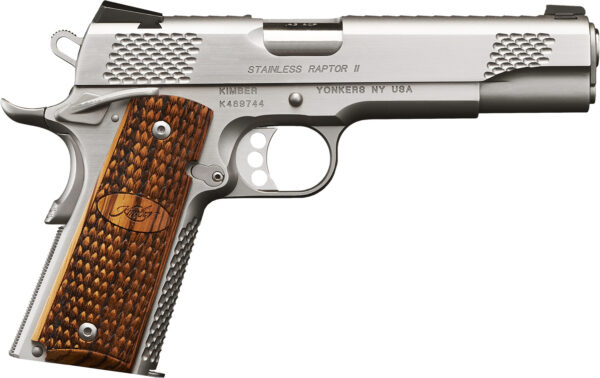 Kimber Mfg.,inc 3200386 Stainless Raptor II 10mm 8+1 5" Front Serrations Stainless Steel Slide Satin Silver w/ Brush Polished Flats Zebrawood w/ Scale Pattern and Kimber Logo Grip