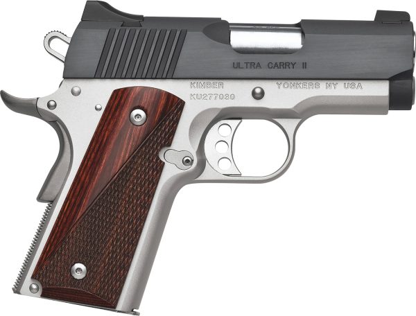 Kimber Mfg.,inc 3200321 Ultra Carry II Two-Tone 45ACP 7+1 3" Matte black Brush-Polished Steel Slide Satin Silver Smooth/Checkered Rosewood Grip