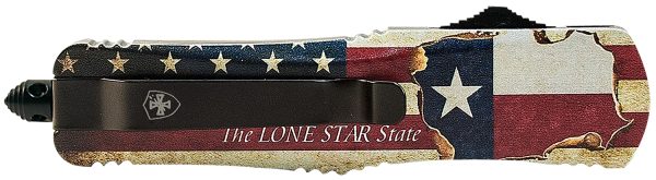 Templar Knife LTX631 Texan Gen II Large 3.50" OTF Drop Point Part Serrated Black Oxide Stonewashed 440C SS Blade/5.25" Texas Flag Aluminum Handle Features Glass Breaker Includes Pocket Clip/Sheath