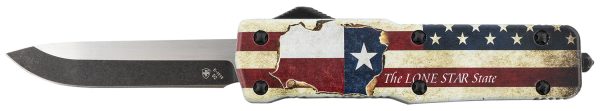 Templar Knife SZTX321 Premium Weighted Small 3" OTF Drop Point Plain Black Oxide Stonewashed Powdered D2 Steel Blade/4.50" Red/White/Blue w/"The LONE STAR State" Aluminum Zinc Alloy Handle