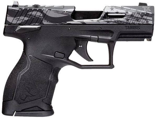 Taurus 1TX2213110US5 TX22C T.O.R.O. Compact Frame 22 LR 10+1 3.60" Matte Black Threaded Barrel, Engraved Distressed USA Flag Optic Ready/Serrated Slide, Black Polymer Frame