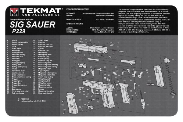 TekMat TEKR17SIGP229 Sig Sauer P229 Cleaning Mat Black/White Rubber 11"x17" Sig P229 Parts Diagram