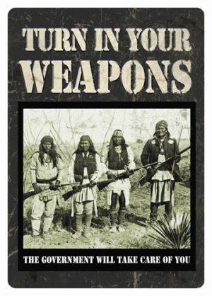 RIVERS EDGE TIN SIGN 12"X17" - "TURN IN YOUR WEAPONS"