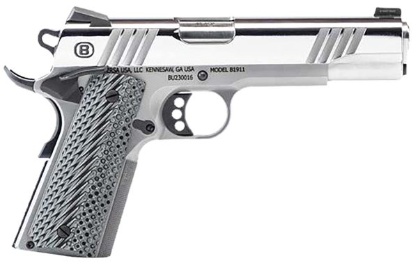 Bersa B19117050PMBG B1911 Mirror Full Size Frame 45 ACP 8+1 5" Stainless Steel Barrel, Polished Stainless Serrated Steel Slide, Stainless Steel Frame w/Beavertail, Gray VZ Grip, Ambidextrous