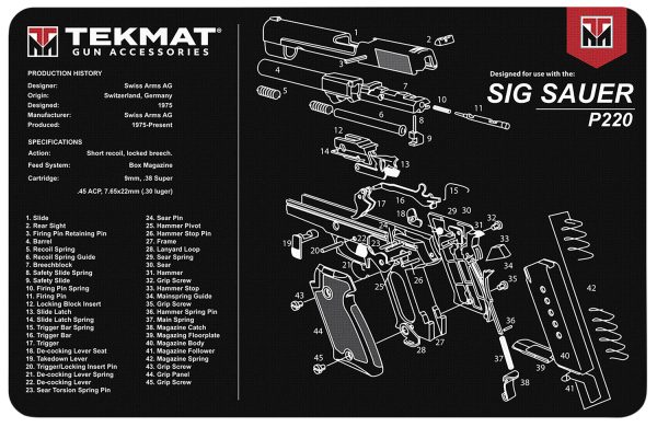 TekMat TEKR17SIGP220 Sig Sauer P220 Cleaning Mat Black/White Rubber 11"x17" Sig Sauer P220 Parts Diagram