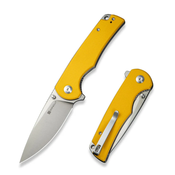 Praktisk Flipper/Thumb Stud Folding Knife 3.59"" Satin 9Cr18MoV Drop Point Plain Edge Blade, Yellow G10 Handle