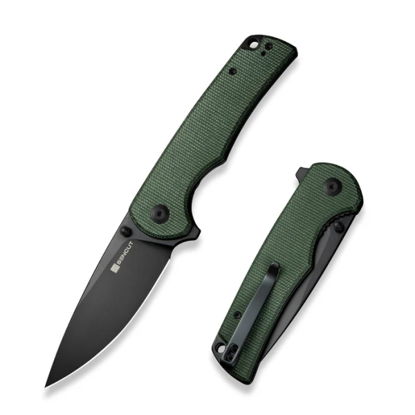 Praktisk Flipper/Thumb Stud Folding Knife 3.59"" Black 9Cr18MoV Drop Point Plain Edge Blade, Green Canvas Micarta Handle