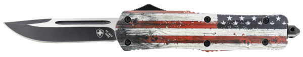 Templar Knife LWUS331 Gen II Wood US Flag Large 3.50" OTF Drop Point Plain Black Oxide Stonewashed 440C SS Blade, 5.25" Painted Wood Grain US Flag Aluminum Handle, Glass Breaker