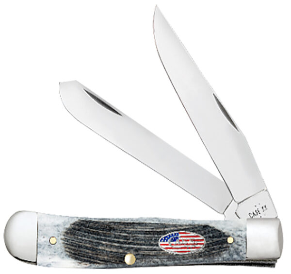 Case 53060 Trapper Stars & Stripes 3.24"/3.27" Folding Clip Point/Spey Plain Mirror Polished Tru-Sharp SS Blade, Sawcut Jig Gray Bone Handle, American Flag Shield