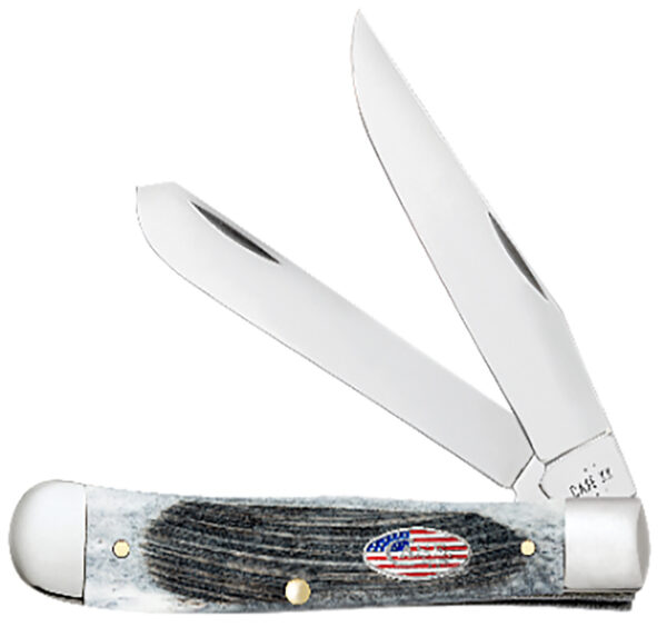 Case 53062 Sod Buster Stars & Stripes 3.70" Folding Skinner Plain Mirror Polished Tru-Sharp SS Blade, Sawcut Jig Gray Bone Handle, American Flag Shield