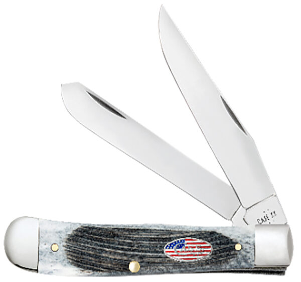 Case 53064 Texas Toothpick Stars & Stripes Small 2.25" Folding Clip Point Plain Mirror Polished Tru-Sharp SS Blade, Jigged Gray Bone Handle, American Flag Shield