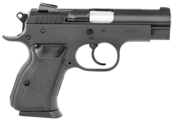 Tanfoglio TFCOMBATC9 Combat  Compact Frame 9mm Luger 13+1, 3.62" Stainless Steel Barrel, Black Serrated Steel Slide & Frame w/Beavertail, Black Polymer Grip