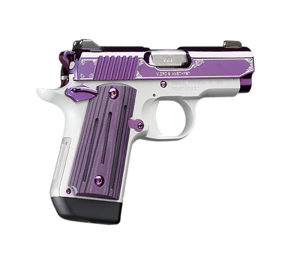 Kimber Mfg, Inc 3300214 Micro 9  9mm Luger 7+1 3.15" Stainless Ramped Steel Barrel, Purple PVD w/Border Engraving Stainless Steel Serrated Slide, Kimpro II Silver Aluminum Frame, Black/Purple G10 Grip