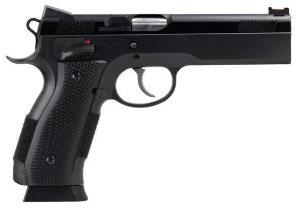 CZ-USA 91731 A01-LD  Full Size Frame 9mm Luger 19+1 4.93" Black Match Grade Bull Barrel, Blued Serrated Steel Slide, Blued Steel Frame w/Beavertail, Black Checkered Polymer Grip
