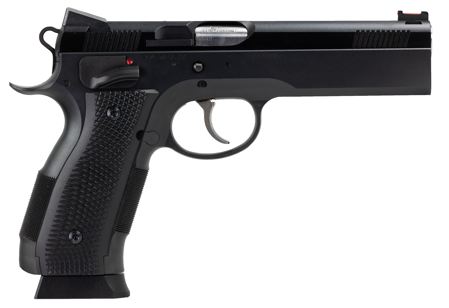 CZ-USA 91731 A01-LD  Full Size Frame 9mm Luger 19+1 4.93" Black Match Grade Bull Barrel, Blued Serrated Steel Slide, Blued Steel Frame w/Beavertail, Black Checkered Polymer Grip