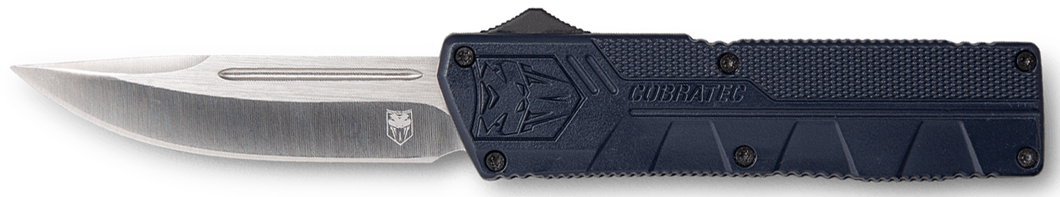 CobraTec Knives NYCTLWDNS Lightweight  3.25" OTF Drop Point Plain D2 Steel Blade/NYPD Blue Aluminum Handle Includes Pocket Clip