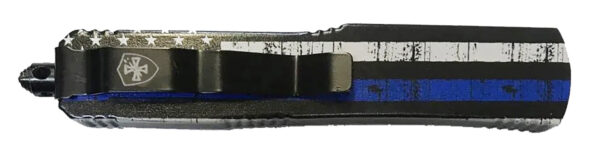 Templar Knife MBTB331 Gen II Back The Blue Slim 3.43" OTF Drop Point Plain Black Oxide Stonewashed 440C SS Blade, 5.05" Black & White w/Blue Line Aluminum Handle, Glass Breaker