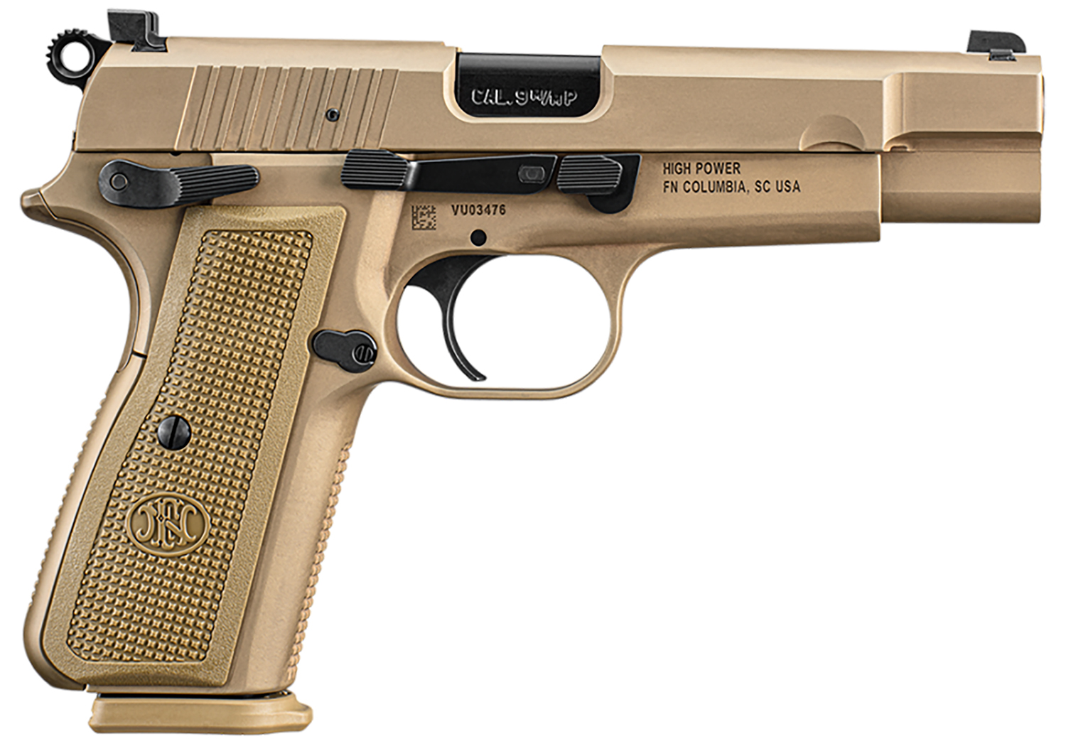 FN 66101117 High Power 9mm Luger 10+1, 4.70" Black Target Crown Steel Barrel, Flat Dark Earth PVD Serrated Steel Slide & Steel Frame w/Beavertail, FDE Textured Polymer Grip, Ambidextrous