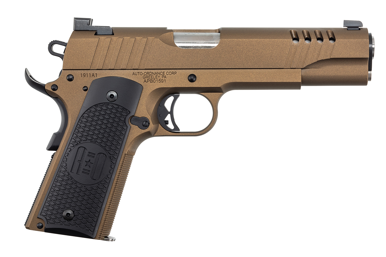 Auto-Ordnance 1911TCAC10 1911  45 ACP 7+1 5" Stainless Steel Barrel, Serrated Stainless Steel Slide, Burnt Bronze Cerakote Steel Frame w/Beavertail, Armor Black Cerakote Engraved Aluminum Grip