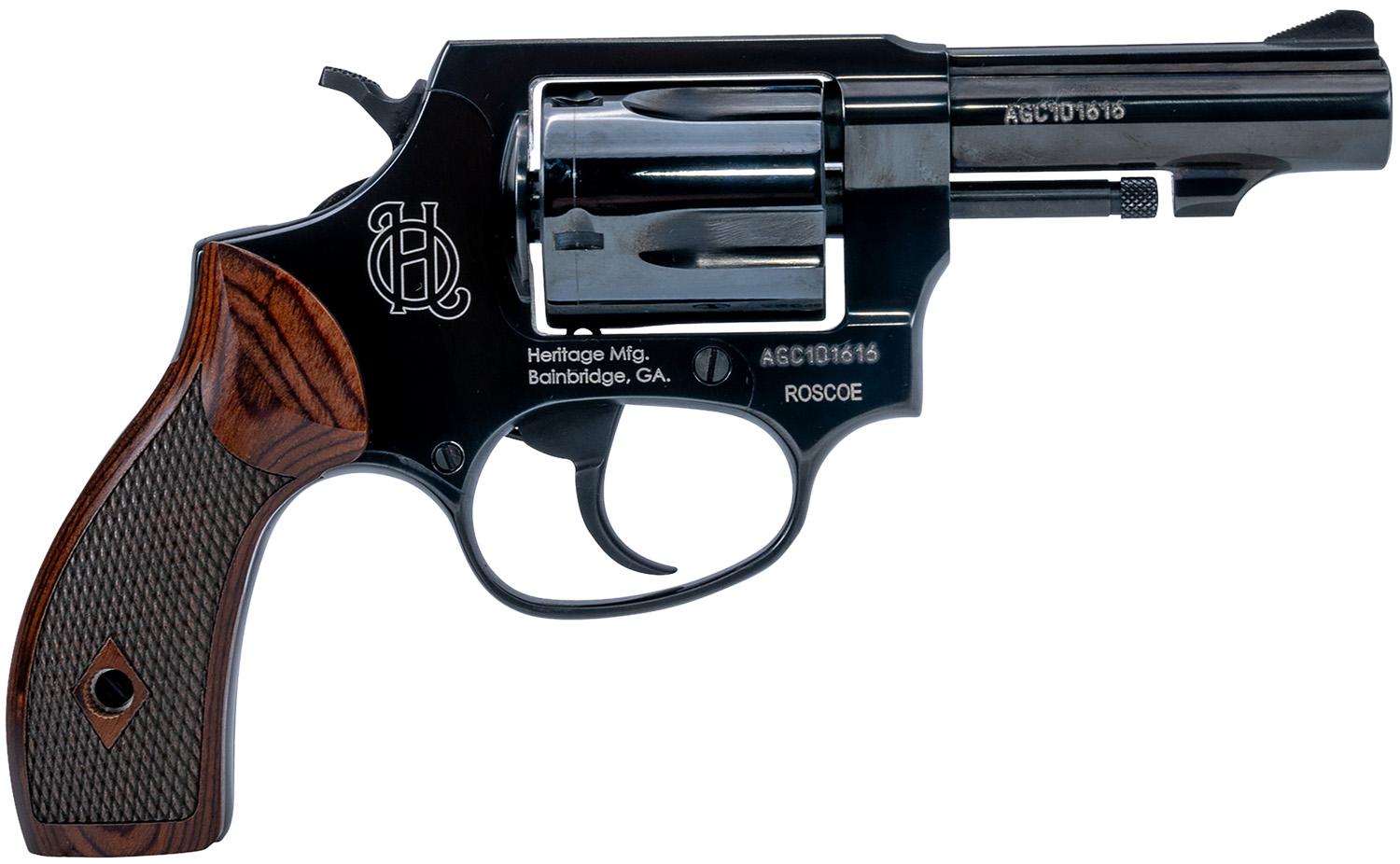 Heritage Mfg HR38B3W Roscoe Small Frame 38 Special +P 5rd 3" Black Polished Alloy Steel Barrel & Cylinder, Black Polished Carbon Steel Frame, Wood Grip, Transfer Bar Safety