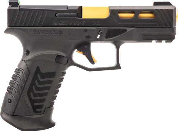 Derya Firearms DY9GUS DY9  9mm Luger 15+1 4.02" Gold TiN Steel Barrel, Black Nitride Optics Ready/Serrated Alloy Steel Slide, Black Polymer Frame w/Accessory Rail, Black Interchangeable Backstrap Grip