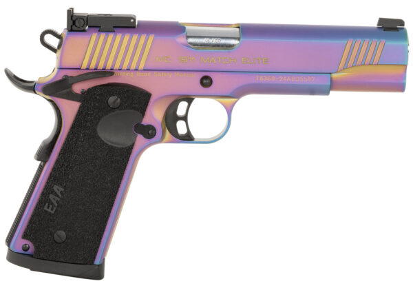 Girsan 391091 MC1911  Full Size Frame 45 ACP 8+1 5" Stainless Bull Barrel, Multi Color PVD Coating Serrated Steel Slide, Multi Color PVD Coating Steel Frame w/Beavertail, Black Textured Grip