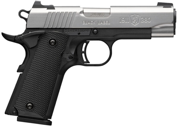 Browning 051119492 1911 Black Label Compact 380 ACP 8+1 3.63" Stainless Steel Barrel, Satin Stainless Steel Serrated Slide, Matte Black Polymer Frame, Black Polymer Grip