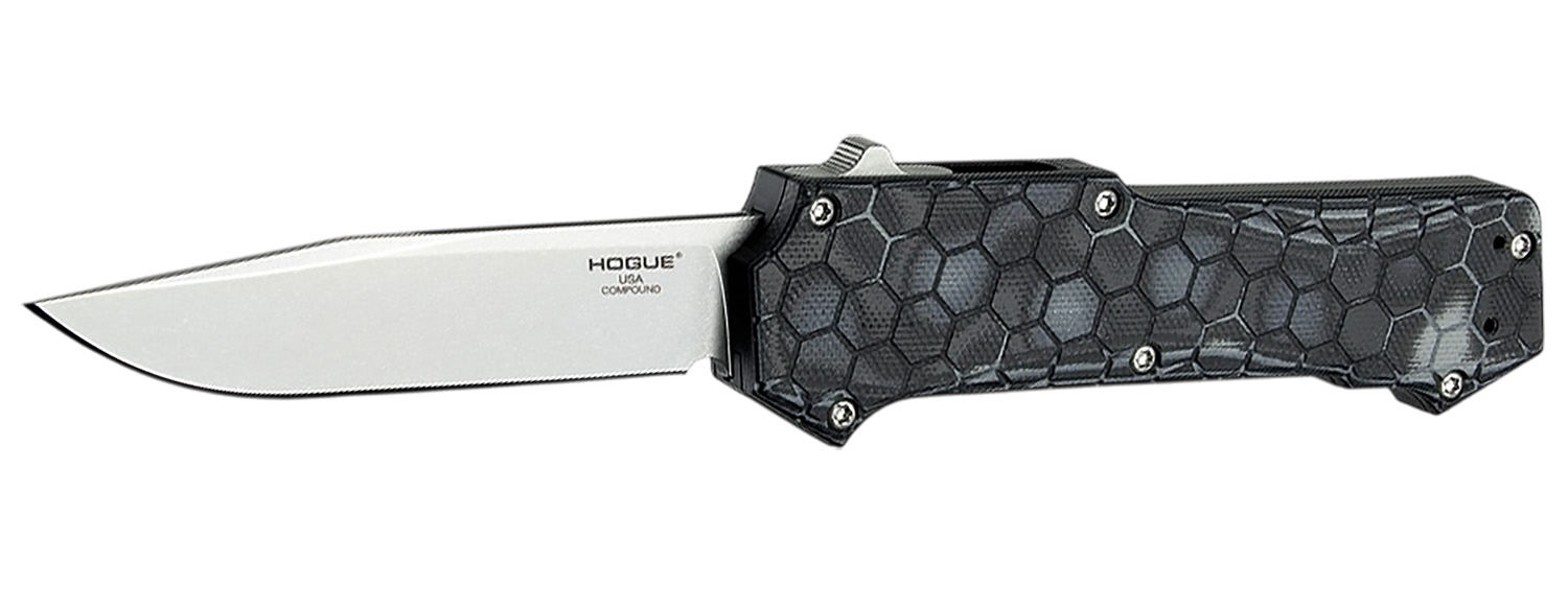 Hogue 34039 Compound  3.50" OTF Clip Point Plain Stone Tumbled CPM 30CV SS Blade. G-Mascus Black Aluminum/G10 Handle