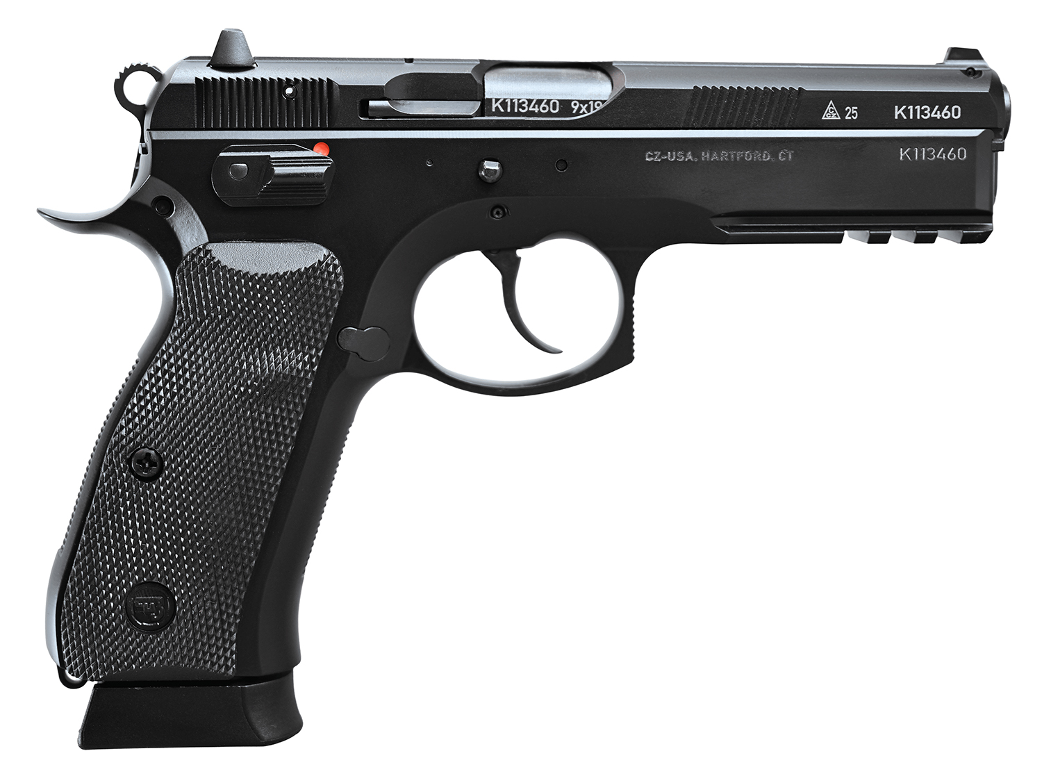 CZ-USA 75 SP-01 50th Anniversary Elite 9mm Luger 19+1 4.60" Black Steel Barrel & 50th Anniversary Engraved/Serrated Slide, Black Polycoat Steel Frame w/Picatinny Rail & Beavertail, Black Rubber Grip