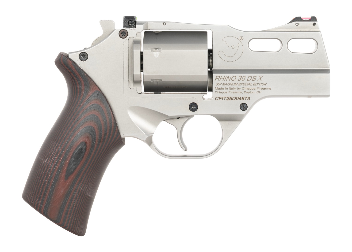 Chiappa Firearms CF340353 Rhino 30SARX *CA Compliant 357 Mag 6 Shot 3" Stainless Steel Barrel & Cylinder, Stainless Alloy Frame, Black/Red G10 Grip