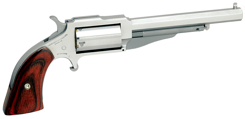 North American Arms 18604 1860 The Earl *CA Compliant 22 WMR 5 Shot 4" Stainless Steel Barrel, Frame & Cylinder, Rosewood Boot Grip, Exposed Hammer