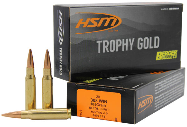 HSM 308185VLD Trophy Gold Extended Range 308 Win 185 gr Berger Hunting VLD Match 20 Per Box/ 25 Case