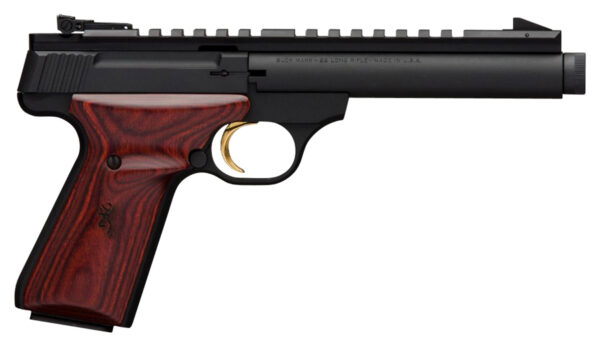 Browning 051527490 Buck Mark Field Target SR 22 LR 10+1 5.50" Black Threaded Bull Barrel, Matte Black Aluminum Frame, Picatinny Rail Receiver, Laminate Cocobolo Target Grip, Right Hand