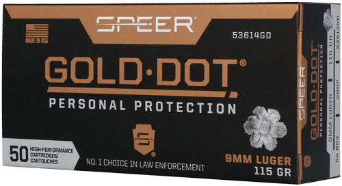 Speer 9mm Luger 115gr GOLD DOT Nickel-Plated Brass – 50rd