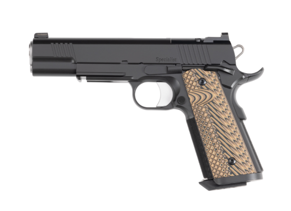 Full Size Frame 10mm Auto 8+1 5Â³ Stainless Match Grade Barrel, Black Duty Optics Ready/Serrated Steel Slide, Black Duty Steel Frame w/Picatinny Rail, Black/Brown G10 Grip