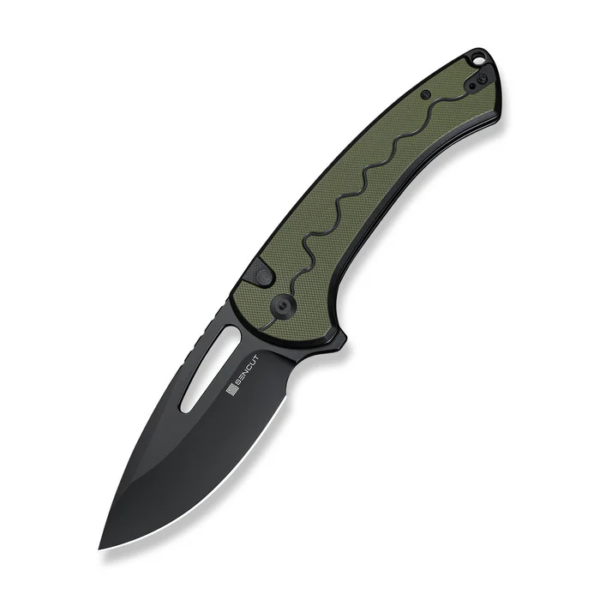 SENCUT Squiggy Flipper & Thumb Hole & Button Lock Knife Black / Green G10 Handle
