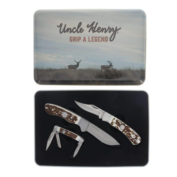 Uncle Henry Knife Combo with Tin 1 Fixed Knife 2 Folding Knives