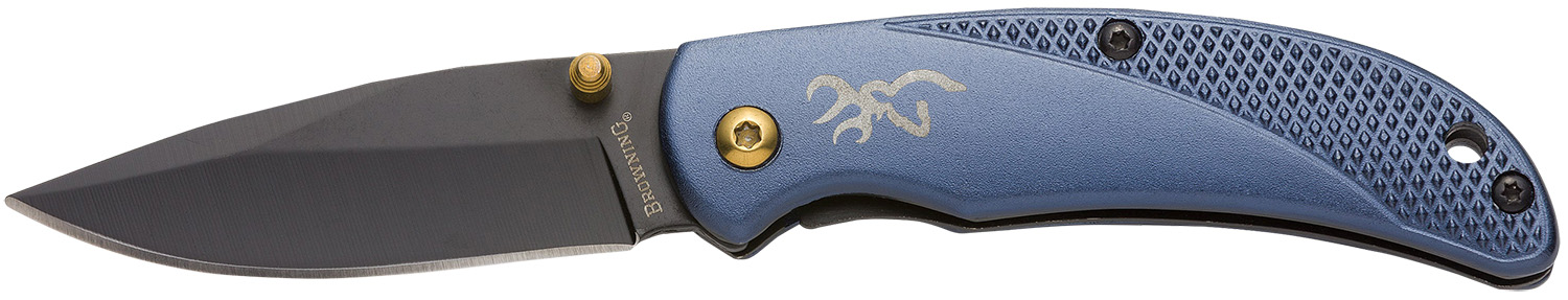 Browning 3220341 Prism 3 EDC Folding 2.38" Plain Black Oxide 7Cr17MoV SS Blade, Navy w/Brass Accents & Logo Anodized Aluminum Handle, Includes Pocket Clip