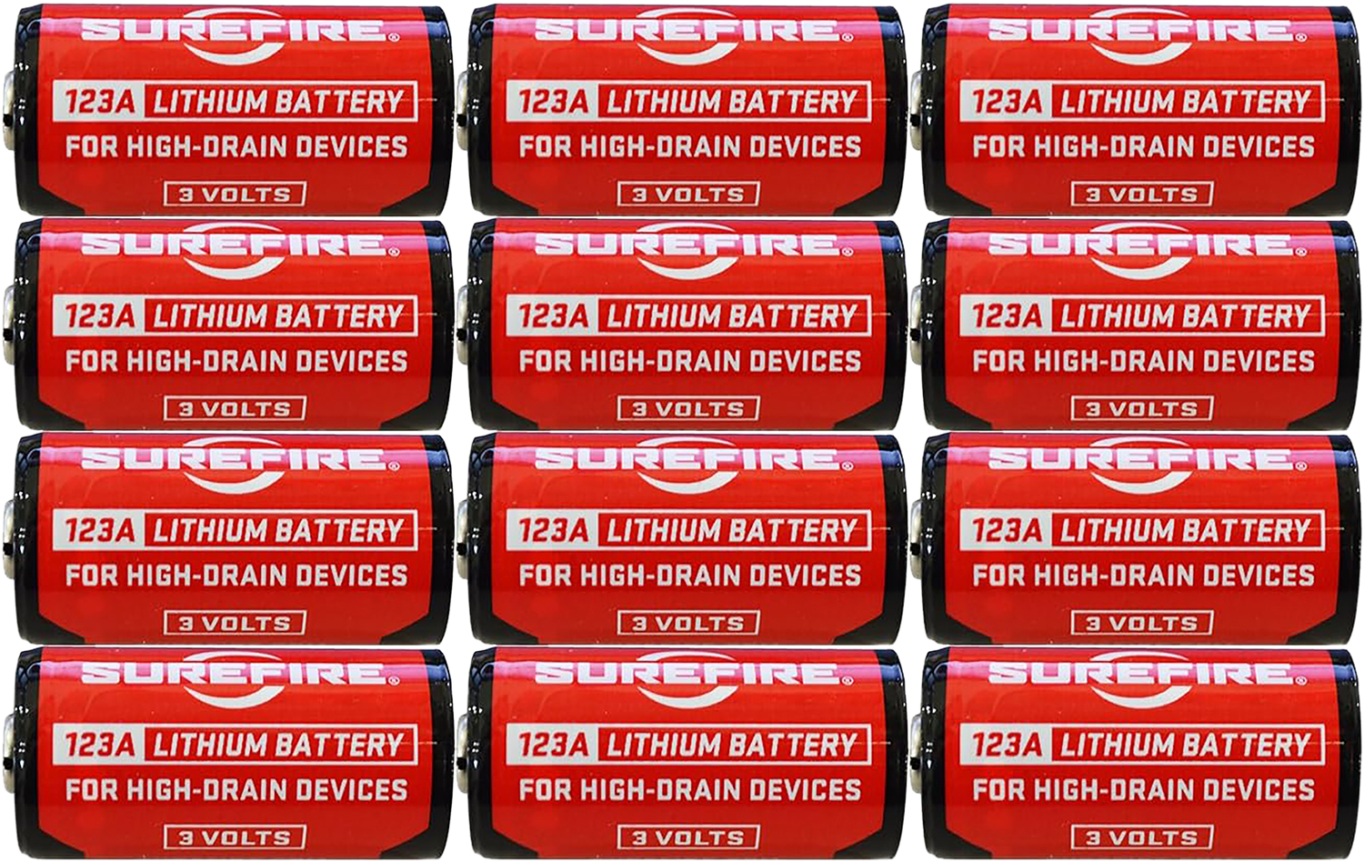 SureFire SF12ABBCS 123A Batteries Red/Black 3.0 Volts 1,550 mAh (12) Single Package Clamshell