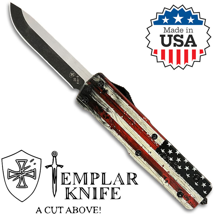 US Flag Wood Handle 3.25 inch Drop Point Black Oxide Powder D2 Straight Edge Han