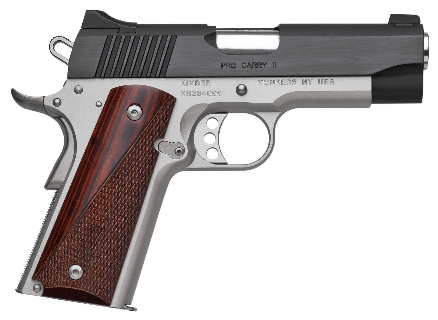 Kimber Mfg, Inc 3200333 Pro Carry II 9mm Luger 9+1 4" Stainless Match Grade Barrel, Matte Black Brushed Serrated Steel Slide, Satin Silver Aluminum Frame w/Beavertail, Rosewood Grip