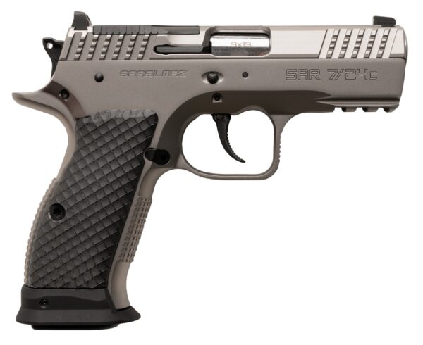 Sarsilmaz SAR7/24C 7/24  Compact 9mm Luger 17+1 Matte Stainless Steel Frame w/Beavertail & Picatinny Rail, Black Polymer Grip