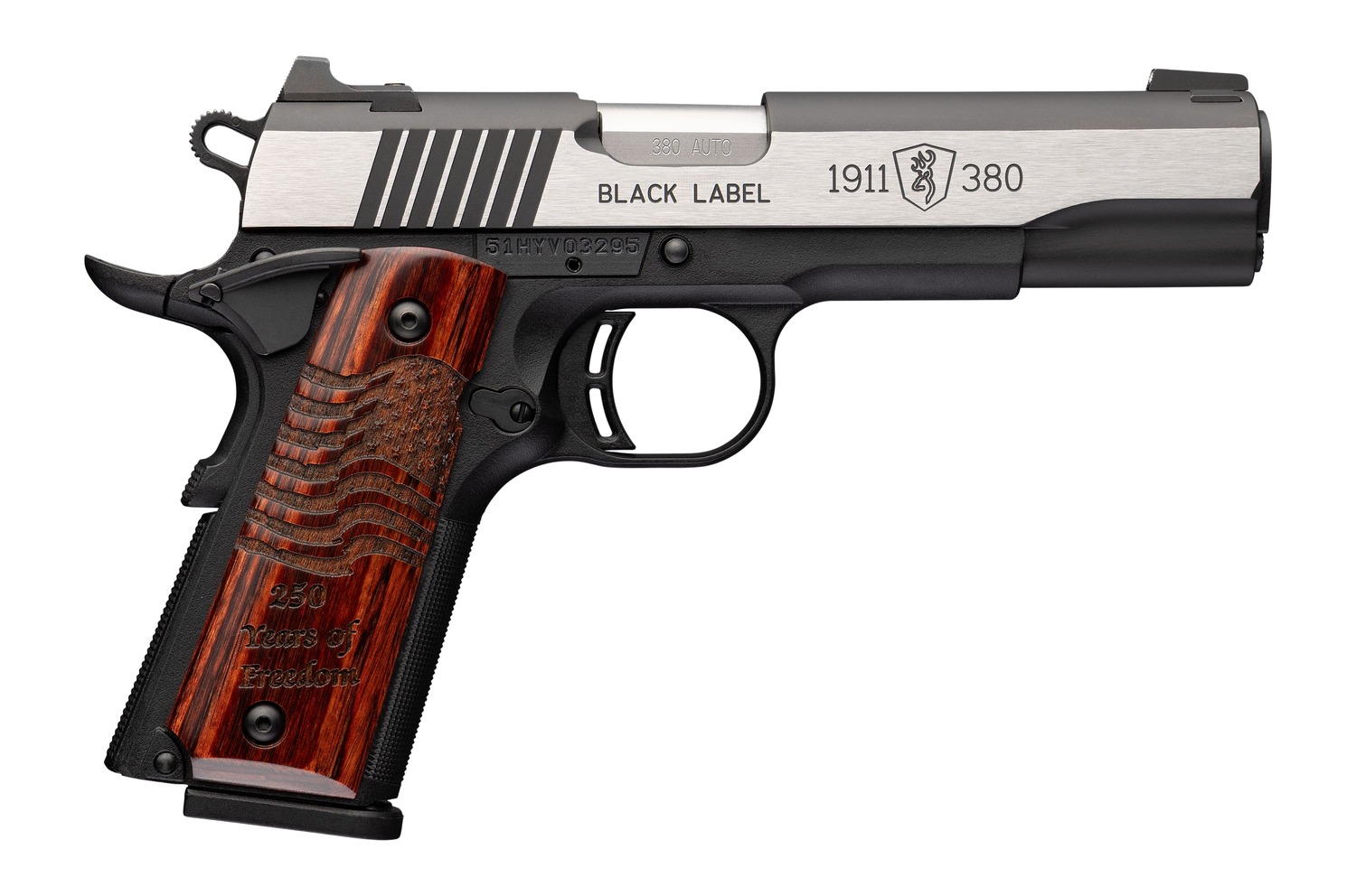 Browning 051122492 1911 Black Label Medallion Pro 250 Full Size 380 ACP 10+1 4.25" Matte Stainless Barrel, Blackened w/Silver Polished Flats Stainless Steel Serrated Slide, Matte Black Polymer Frame w