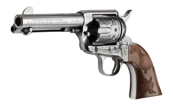 Pietta PFI45CP434EW Cowpoke 45 Colt (Long Colt) 6 Shot 4.75" Nickel Barrel, Nickel Engraved Cylinder & Frame, Cowhide Walnut Engraved Grip, Exposed Hammer