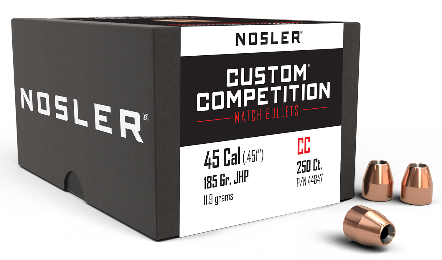 Nosler 44847 Custom Competition 45Cal 185gr Jacketed Hollow Point 250/Box