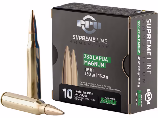 PPU .338 LAPUA MAGNUM SUPR HPBT 250G 10 RD BOX 20 BOXES PER CASE