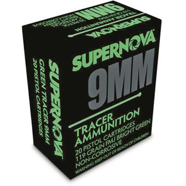 Supernova Tracer Pistol Ammunition  9mm 119 gr. FMJ Green Tracer 20 rd.
