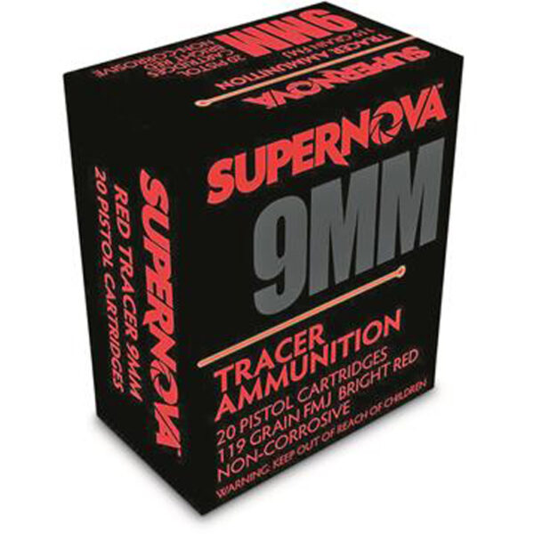 Supernova Tracer Pistol Ammunition  9mm 119 gr. FMJ Red Tracer 20 rd.
