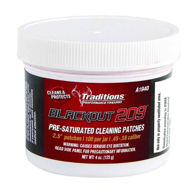 Traditions BlackOut 209 Pre-Saturated Cleaning Patches 100/Jar 2.5" DIa .45 - .58 cal