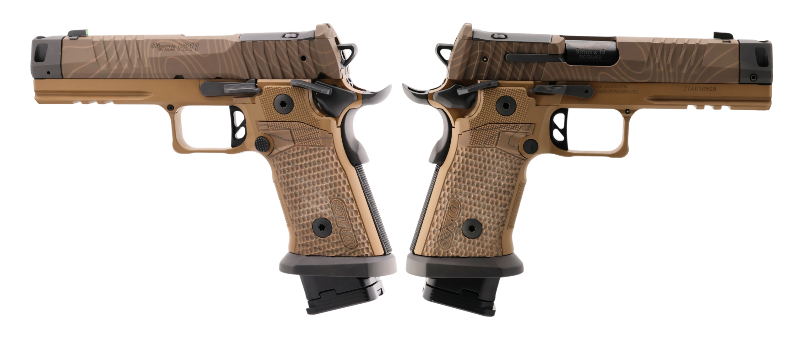 SIG SAUER P211 COMBAT COYOTE TOPO 9MM PISTOL 4.4" MACH3D COMP, G10 GRIP, 1-23RD 2-21RD MAGS